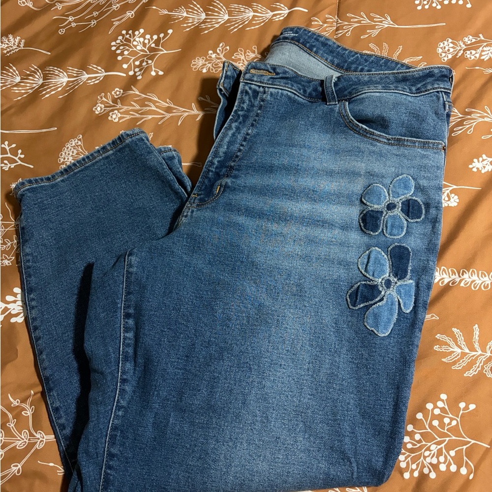 Old Navy Blue Straight Leg Jeans with Floral Accents